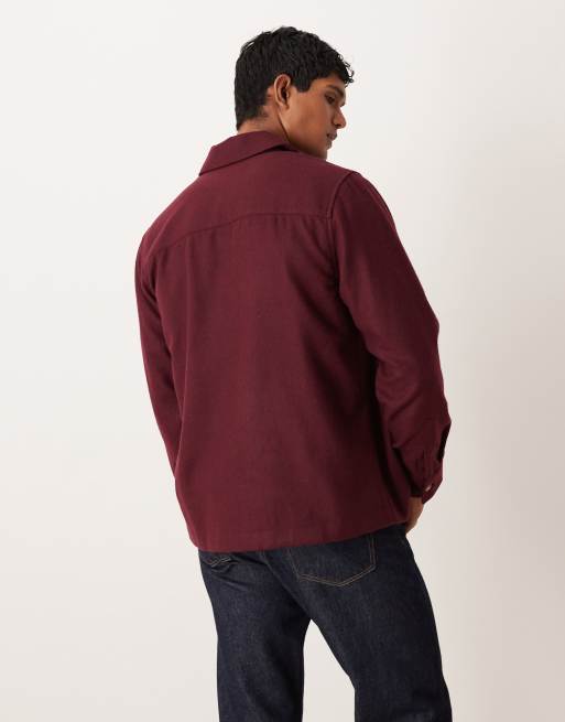 ASOS DESIGN wool mix overshirt in burgundy, 3 of 5