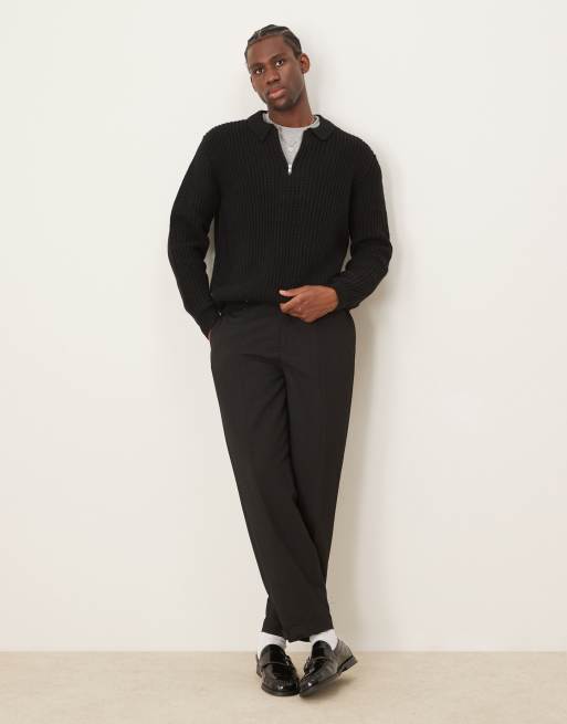 ASOS DESIGN wool mix oversized heavyweight quarter zip rib knitted jumper with collar in black, 2 of 4