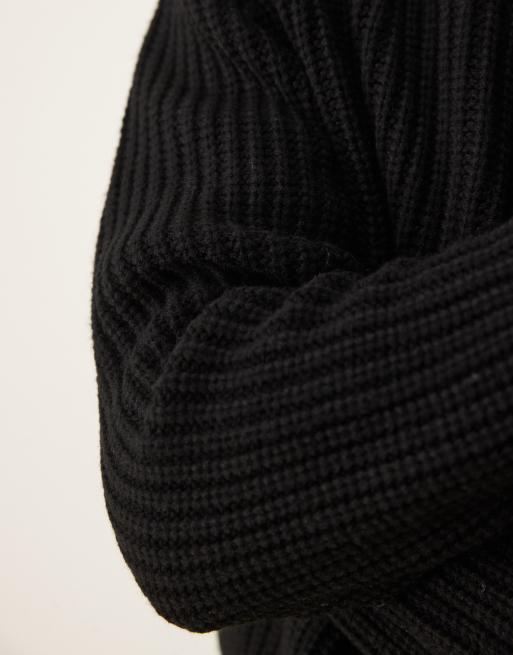 ASOS DESIGN wool mix oversized heavyweight quarter zip rib knitted jumper with collar in black, 3 of 4