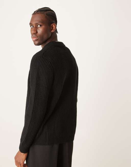 ASOS DESIGN wool mix oversized heavyweight quarter zip rib knitted jumper with collar in black, 4 of 4