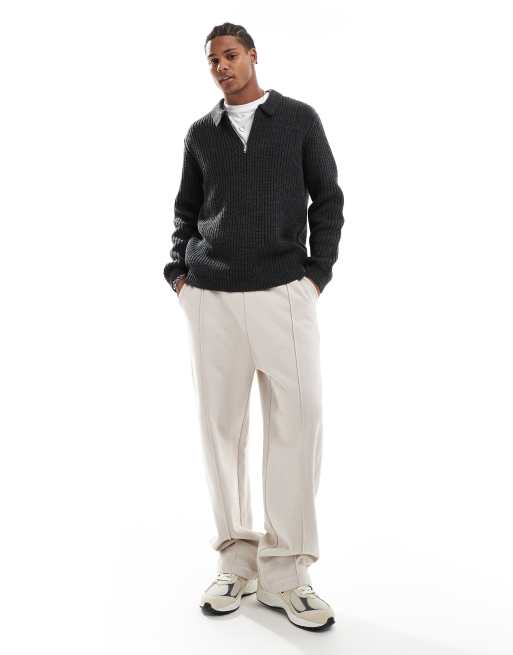 ASOS DESIGN wool mix oversized heavyweight quarter zip rib knitted jumper with collar in charcoal, 3 of 4