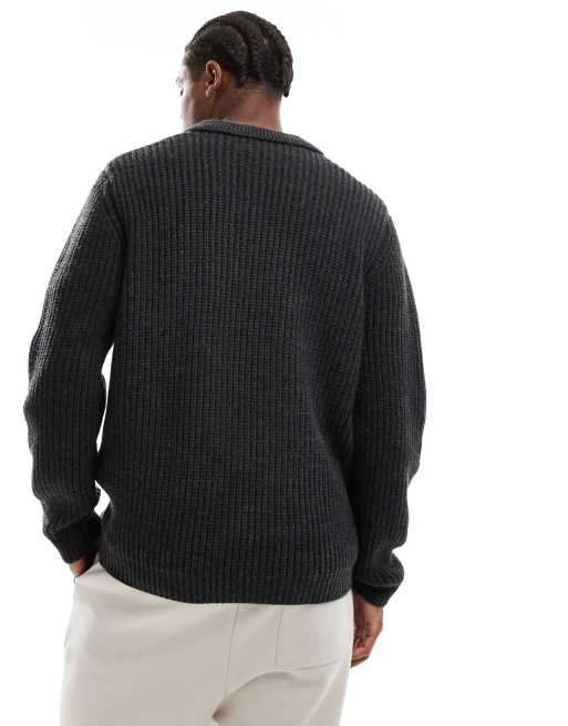 ASOS DESIGN wool mix oversized heavyweight quarter zip rib knitted jumper with collar in charcoal, 4 of 4