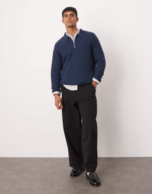 ASOS DESIGN wool mix oversized heavyweight quarter zip rib knitted jumper with collar in navy, 2 of 4