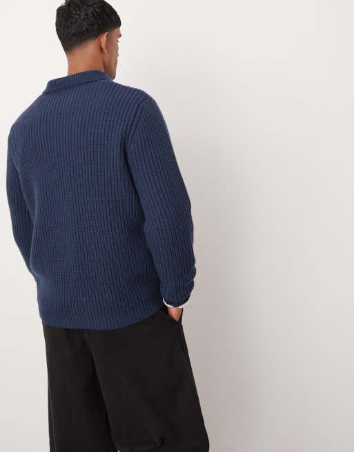 ASOS DESIGN wool mix oversized heavyweight quarter zip rib knitted jumper with collar in navy, 3 of 4
