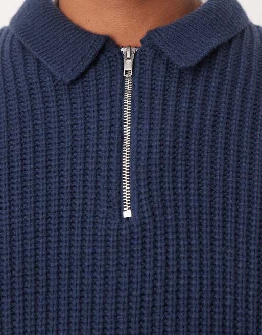 ASOS DESIGN wool mix oversized heavyweight quarter zip rib knitted jumper with collar in navy, 4 of 4
