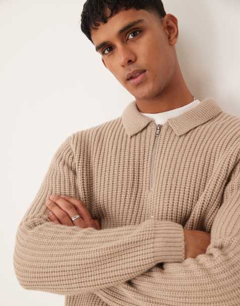 ASOS DESIGN wool mix oversized heavyweight quarter zip rib knitted jumper with collar in taupe - view 1