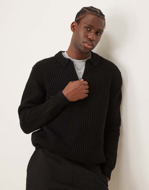 ASOS DESIGN wool mix oversized heavyweight quarter zip rib knitted polo in black - view 1