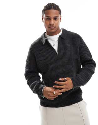 wool mix oversized heavyweight quarter zip rib sweater with collar in charcoal-Gray