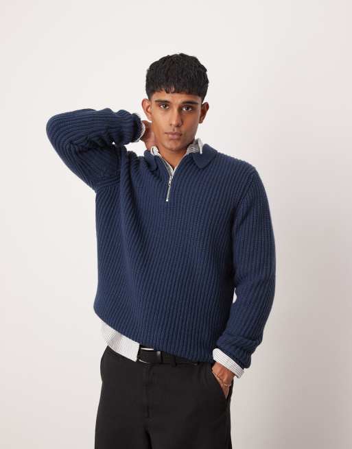 ASOS DESIGN wool mix oversized heavyweight quarter zip rib sweater with collar in navy