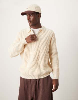 wool mix oversized heavyweight quarter zip rib sweater with collar in oatmeal-White