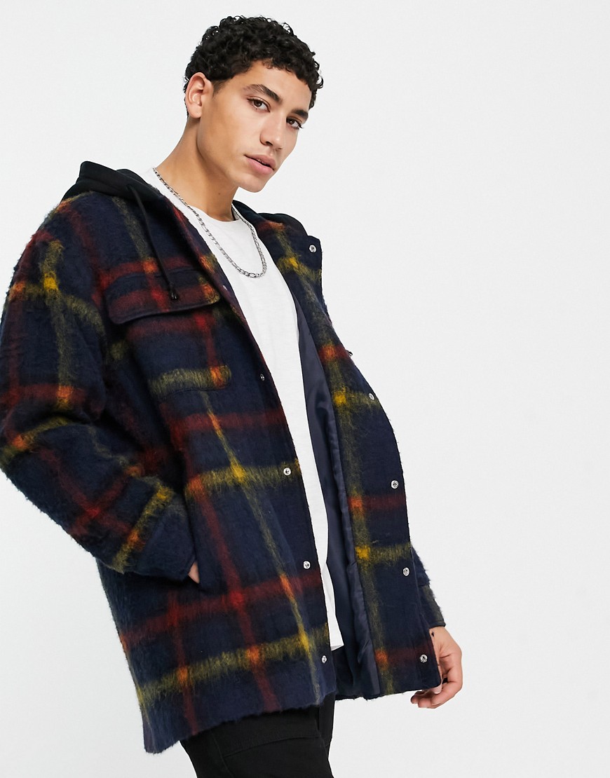 ASOS DESIGN wool mix oversized shacket with jersey hood in blue check-Navy