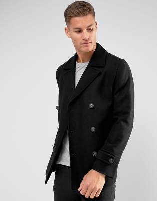 ASOS DESIGN wool mix peacoat in black