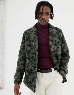 ASOS DESIGN wool mix peacoat in camo-Green Green