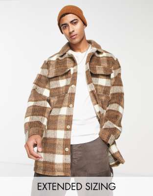 Asos Design Wool Mix Plaid Shacket In Brown