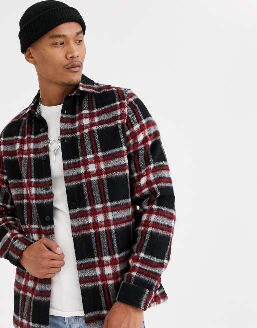 check overshirt with faux shearling