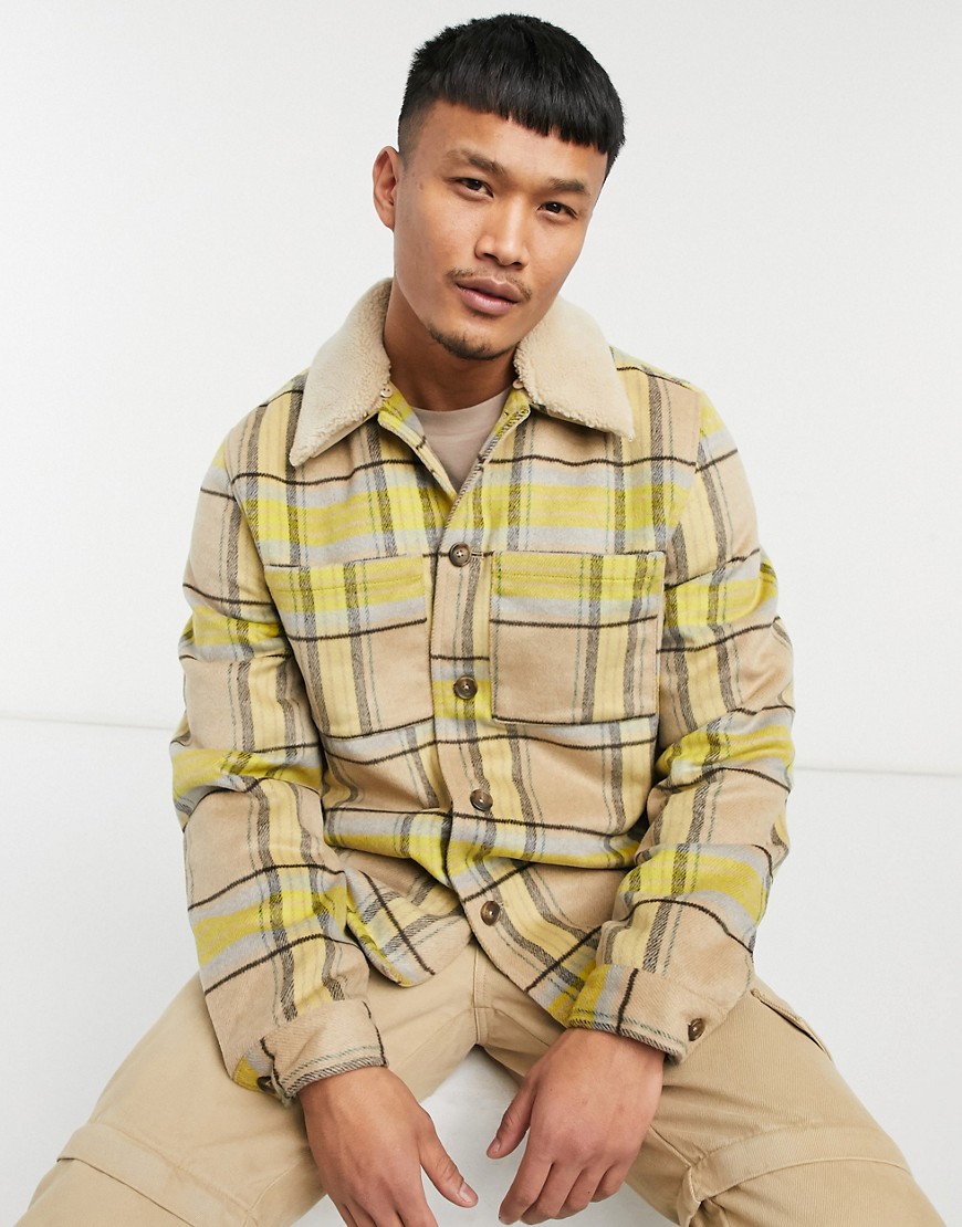 ASOS DESIGN wool mix shacket with quilted lining in yellow and ecru check