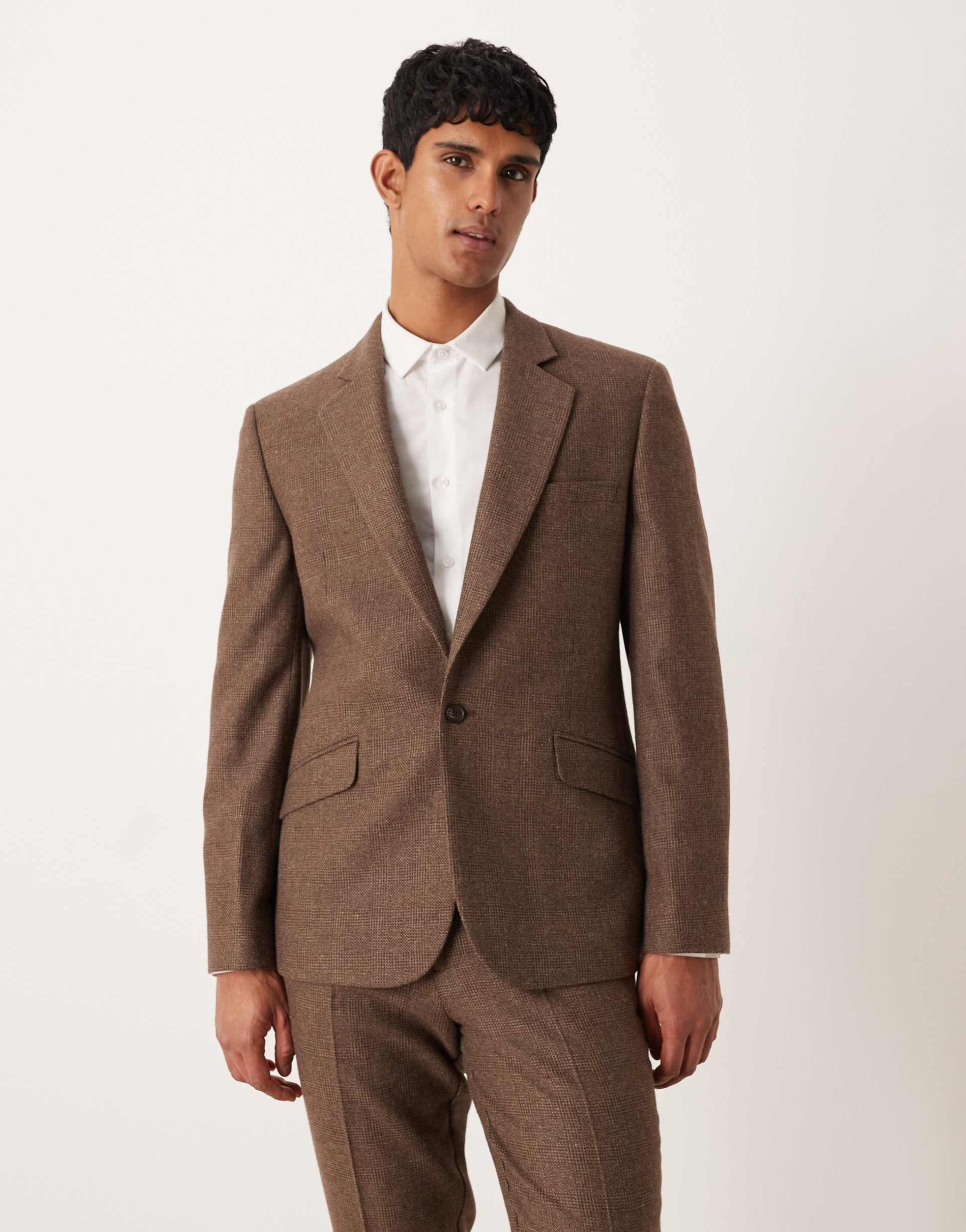 ASOS DESIGN wool mix slim suit jacket in brown check