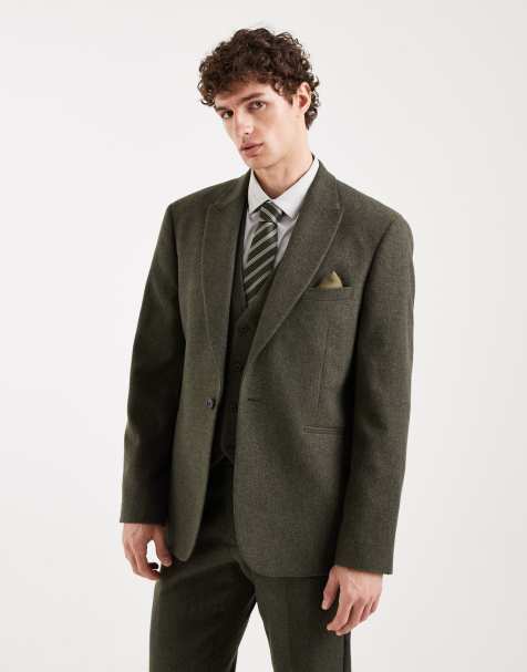 ASOS DESIGN wool mix slim suit jacket in khaki herringbone - view 1