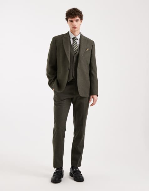 ASOS DESIGN wool mix slim suit pants in khaki herringbone - view 1