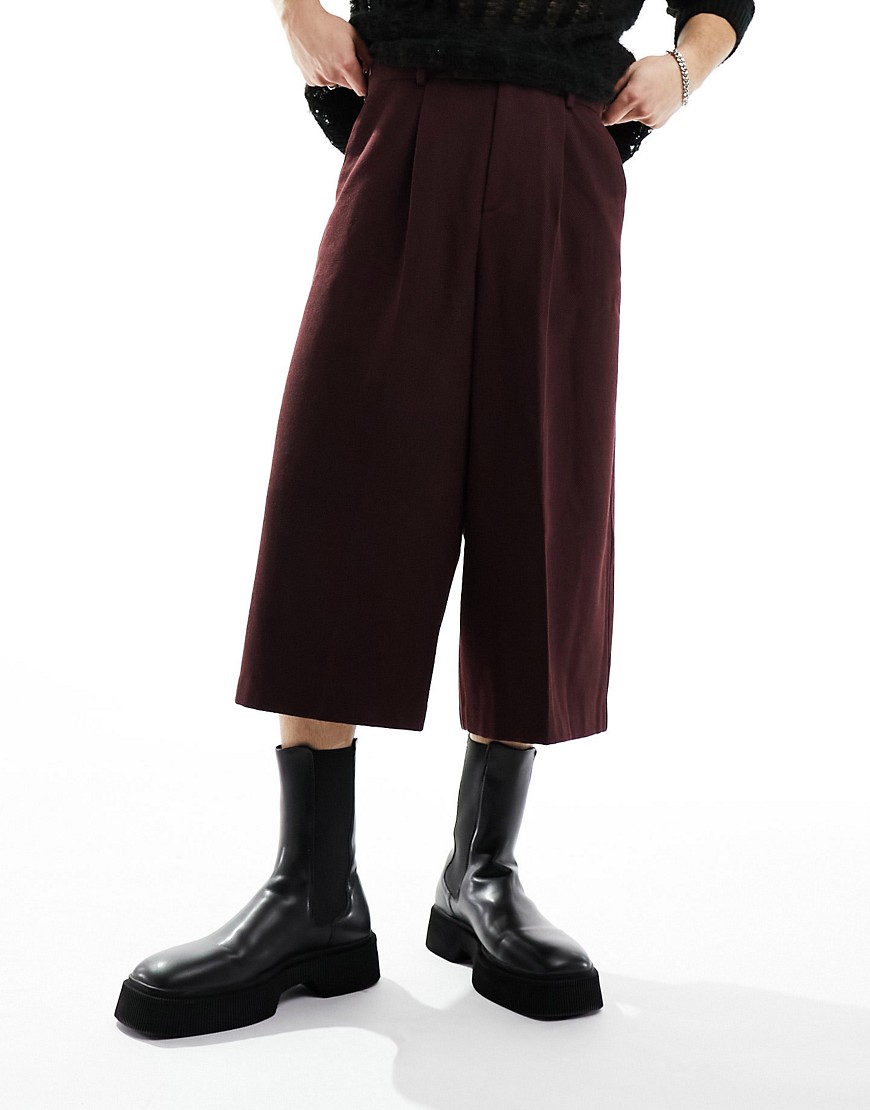 wool mix smart cropped pants in burgundy-Red
