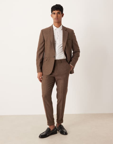ASOS DESIGN wool mix tapered suit trousers in brown check