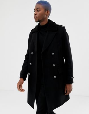 ASOS DESIGN wool mix trench coat with borg collar in black | ASOS