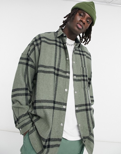 ASOS DESIGN volume overshirt in khaki windowpane check with snap buttons