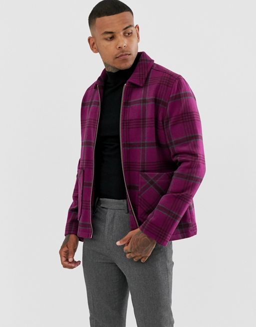 ASOS DESIGN wool mix zip through jacket in pink check | ASOS