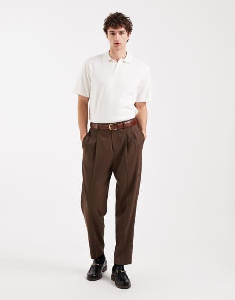 ASOS DESIGN wool rich premium relaxed tapered dress pants with pleats in brown - view 1