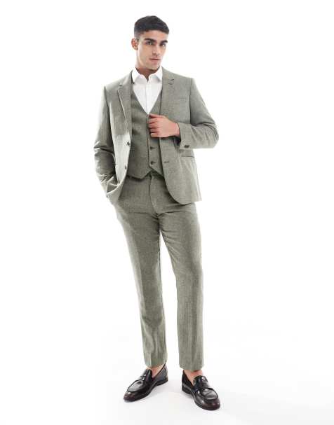 ASOS DESIGN wool rich slim suit in green herringbone - view 1