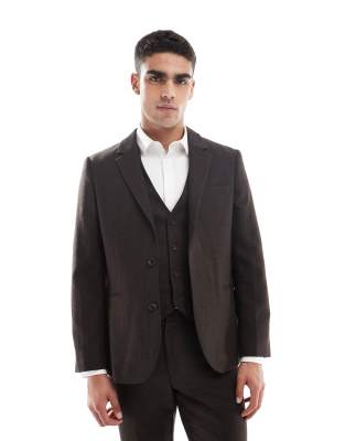 wool rich slim suit jacket in brown herringbone