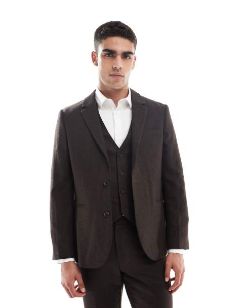 ASOS DESIGN wool rich slim suit jacket in brown herringbone - view 1