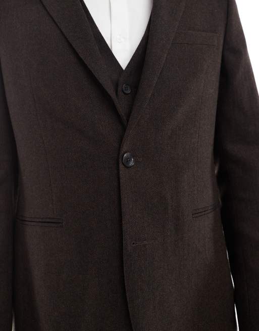 ASOS DESIGN wool rich slim suit jacket in brown herringbone, 3 of 5