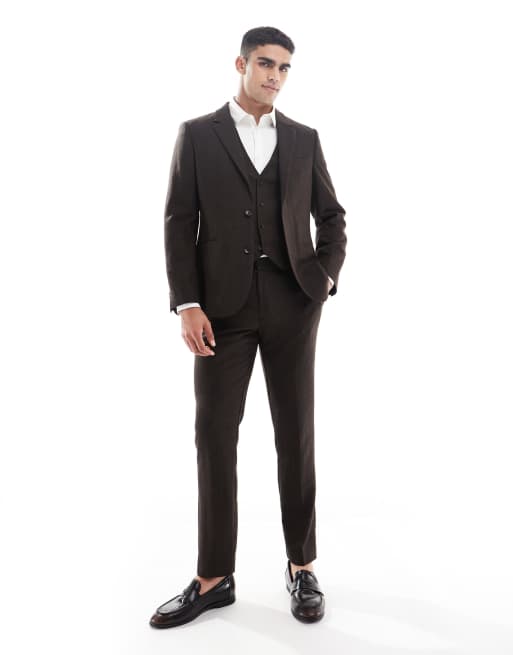ASOS DESIGN wool rich slim suit jacket in brown herringbone, 4 of 5