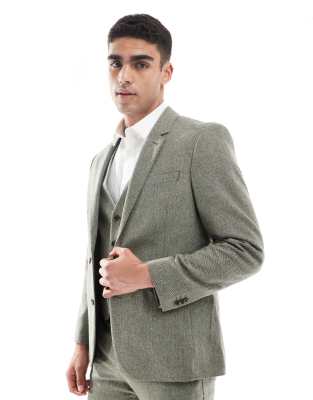 wool rich slim suit jacket in green herringbone