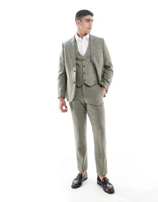 ASOS DESIGN wool rich slim suit pants in green herringbone - view 1