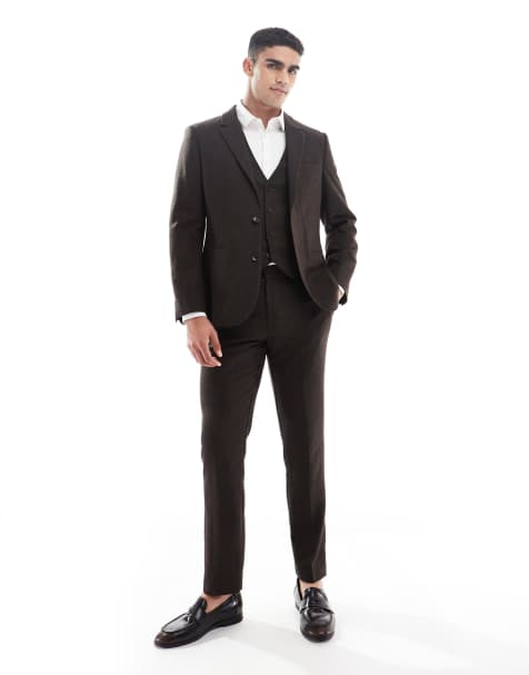 ASOS DESIGN wool rich slim suit set in brown herringbone - view 1
