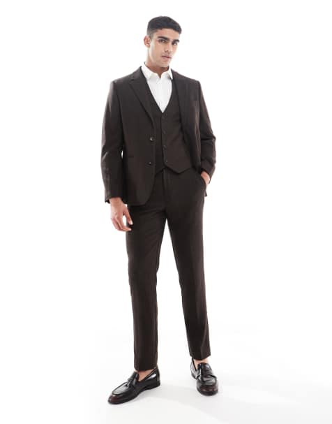 ASOS DESIGN wool rich slim suit trousers in brown herringbone - view 1