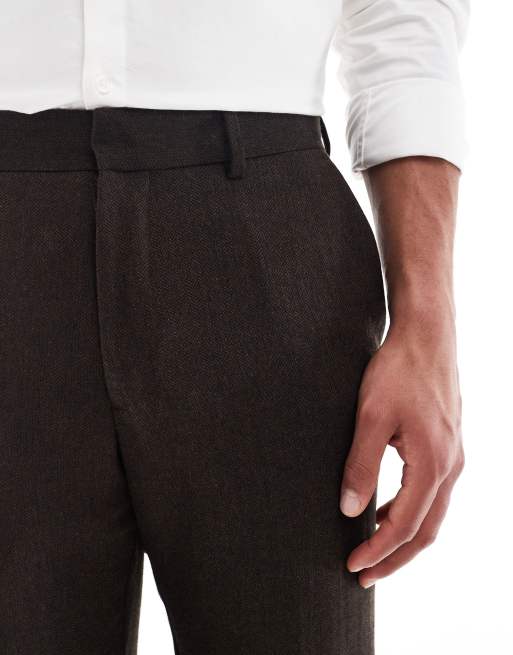 ASOS DESIGN wool rich slim suit trousers in brown herringbone, 3 of 5