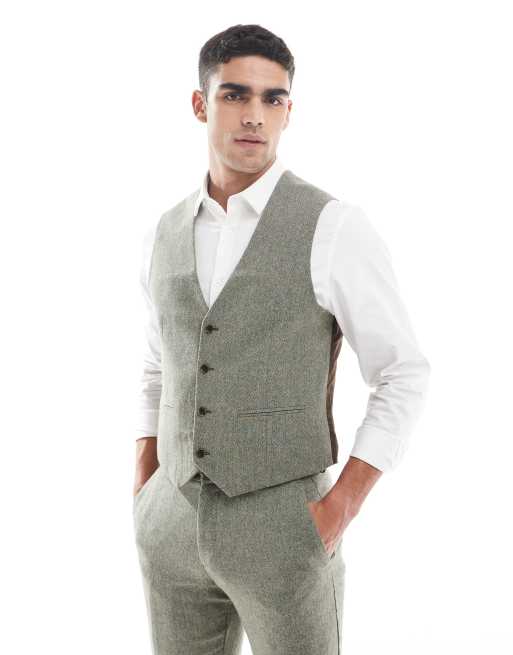 ASOS DESIGN wool rich slim suit vest in green herringbone, 4 of 5