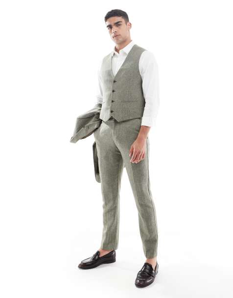 ASOS DESIGN wool rich slim suit waistcoat in green herringbone - view 1