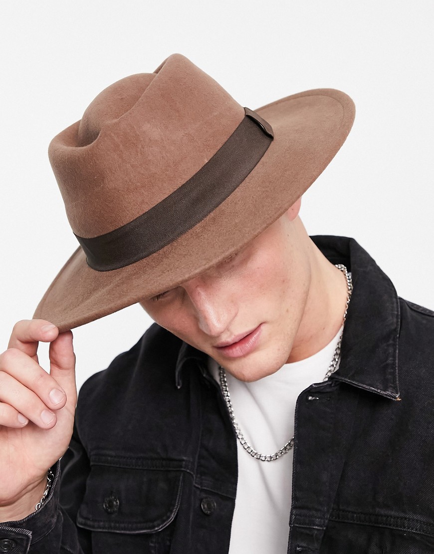 ASOS DESIGN wool wide brim pork pie hat in camel with band and size adjuster-Brown
