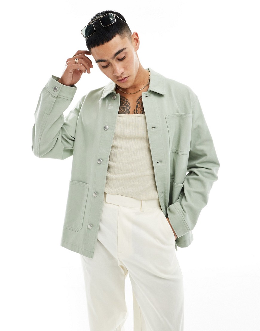Asos Design Worker Jacket In Washed Twill In Green