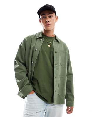 ASOS DESIGN worker jacket in washed twill in khaki-Green