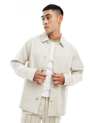 Asos Design Worker Jacket In Washed Twill In Stone-neutral