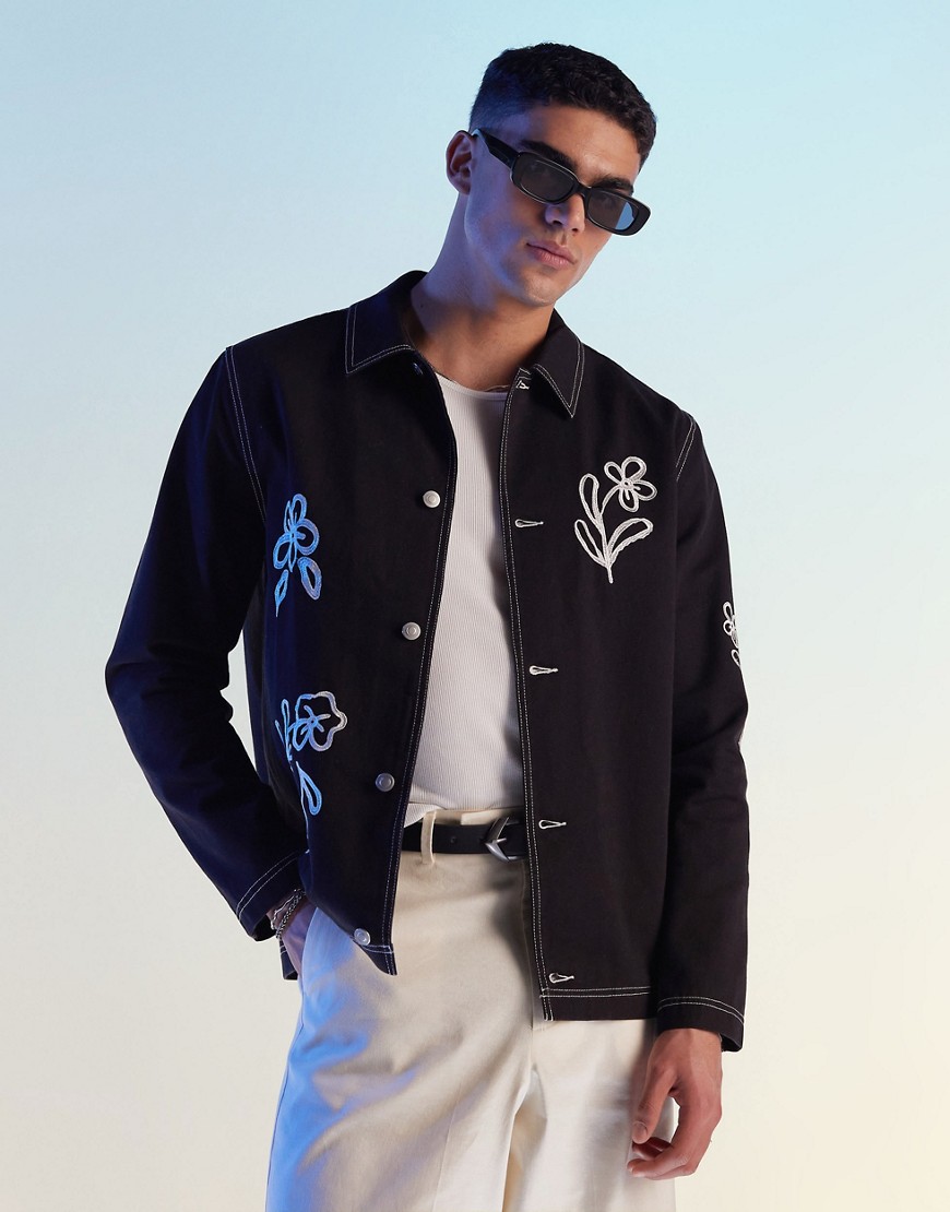 ASOS DESIGN worker jacket with floral embroidery in black