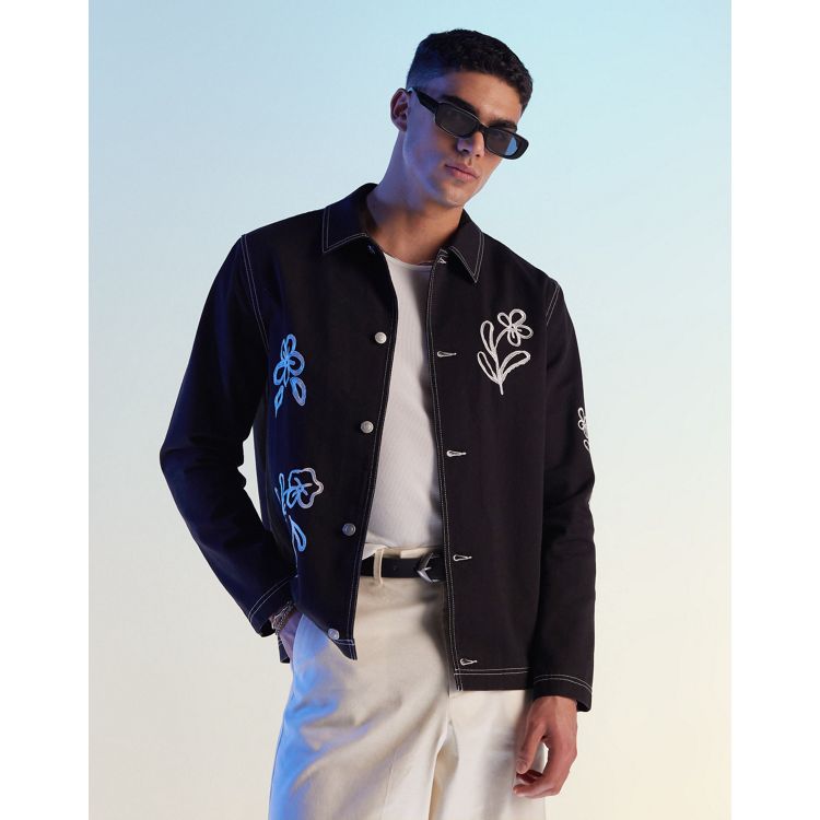 ASOS DESIGN worker jacket with floral embroidery in black
