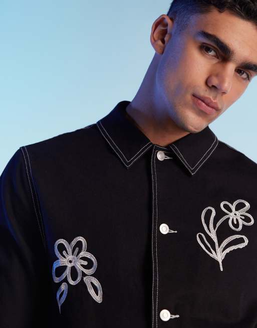 ASOS DESIGN worker jacket with floral embroidery in black