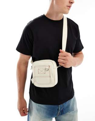 workwear cross body bag with topstitch detail in ecru denim-White