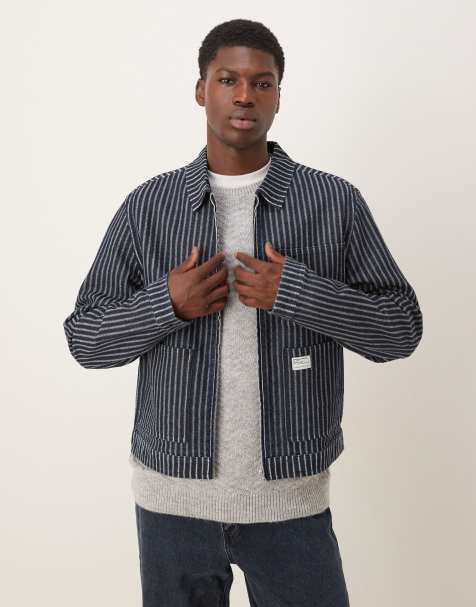 ASOS DESIGN – Workwear-Jeansjacke in dunkelblauer Waschung mit Aufnäher und Nadelstreifen, Kombiteil - view 1